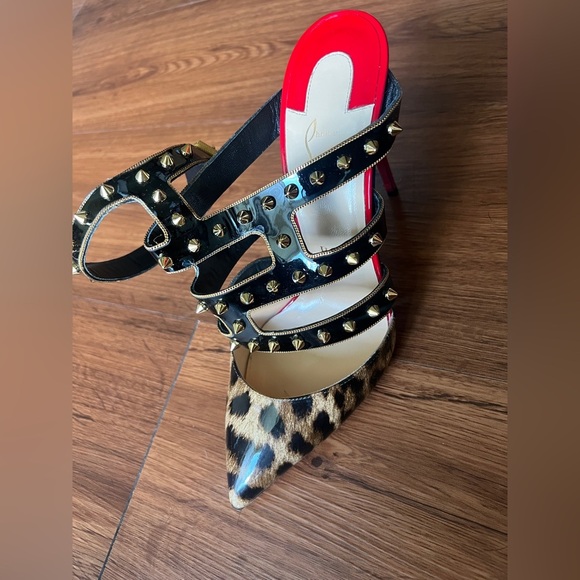 Christian Louboutin Patent Leopard Print Tchicaboum 100 Pumps 38.5 Version Brown - Picture 11 of 12